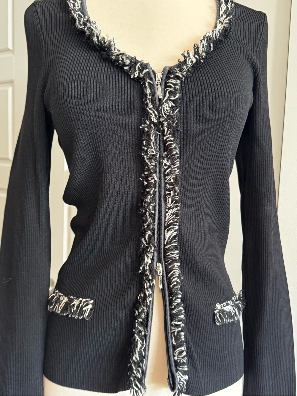 Cache Black Ribbed Cardigan with Black and White Fringe Trim - Picture 4 of 5